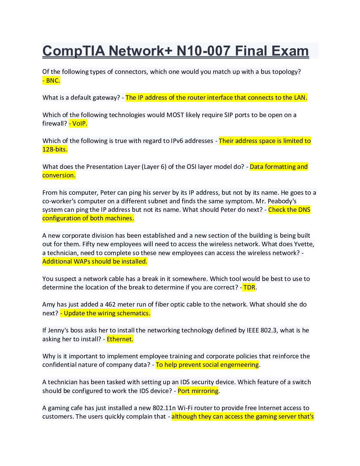 CompTIA N10007 CompTIA Network+ Test / CompTIA Network+ N10007 Final
